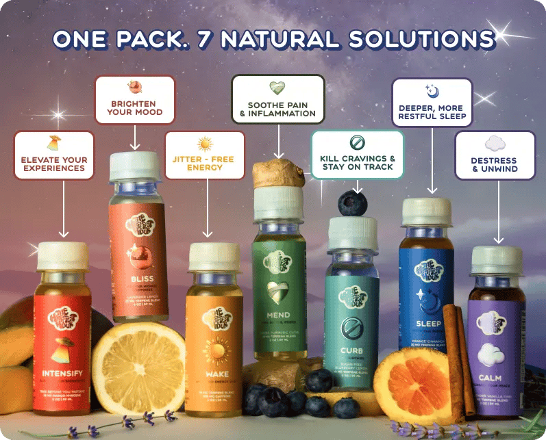 One pack. 7 natural solutions — Intensify, Bliss, Wake, Mend, Curb, Sleep, Calm